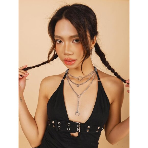 Layered Silver-tone Crescent Moon Star Choker Necklace for Women - Picture 4 of 7